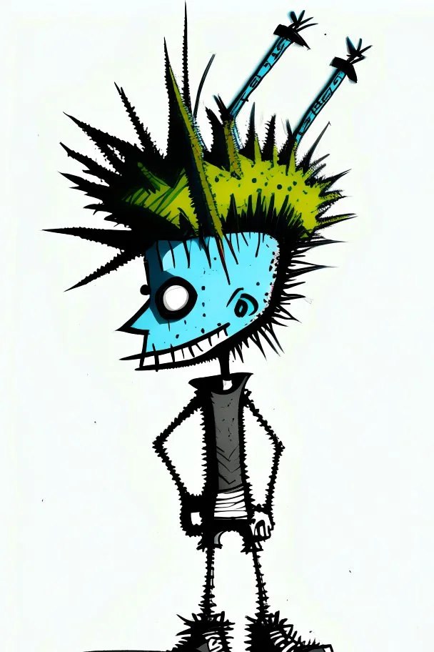 2d drawing of a stickman, cool with punk hair, x eyes like hangman, back side view,smiling,close-up ,3d realistic in colour