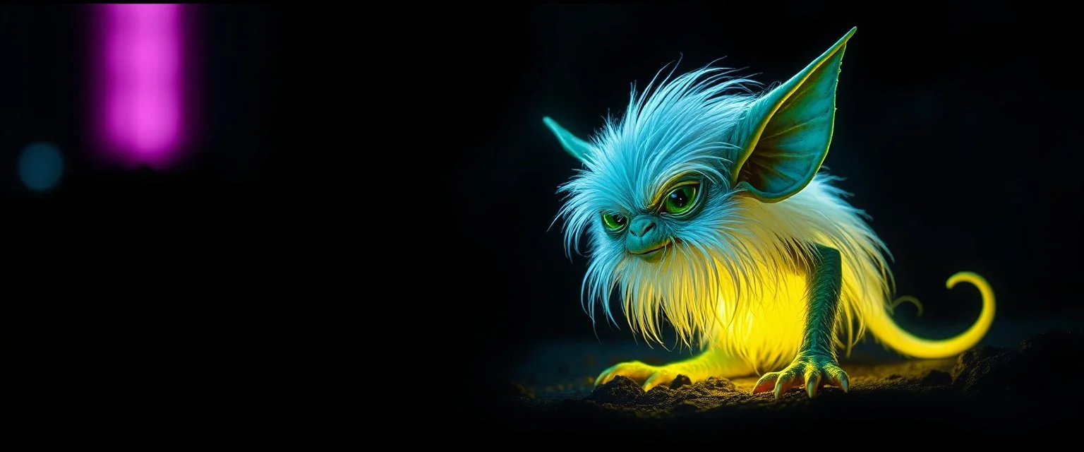 pen outline with some neon airbrush, glowing quickling gremlin in the shadows with long fluffy white fur, pin hole camera, glowing gritty border