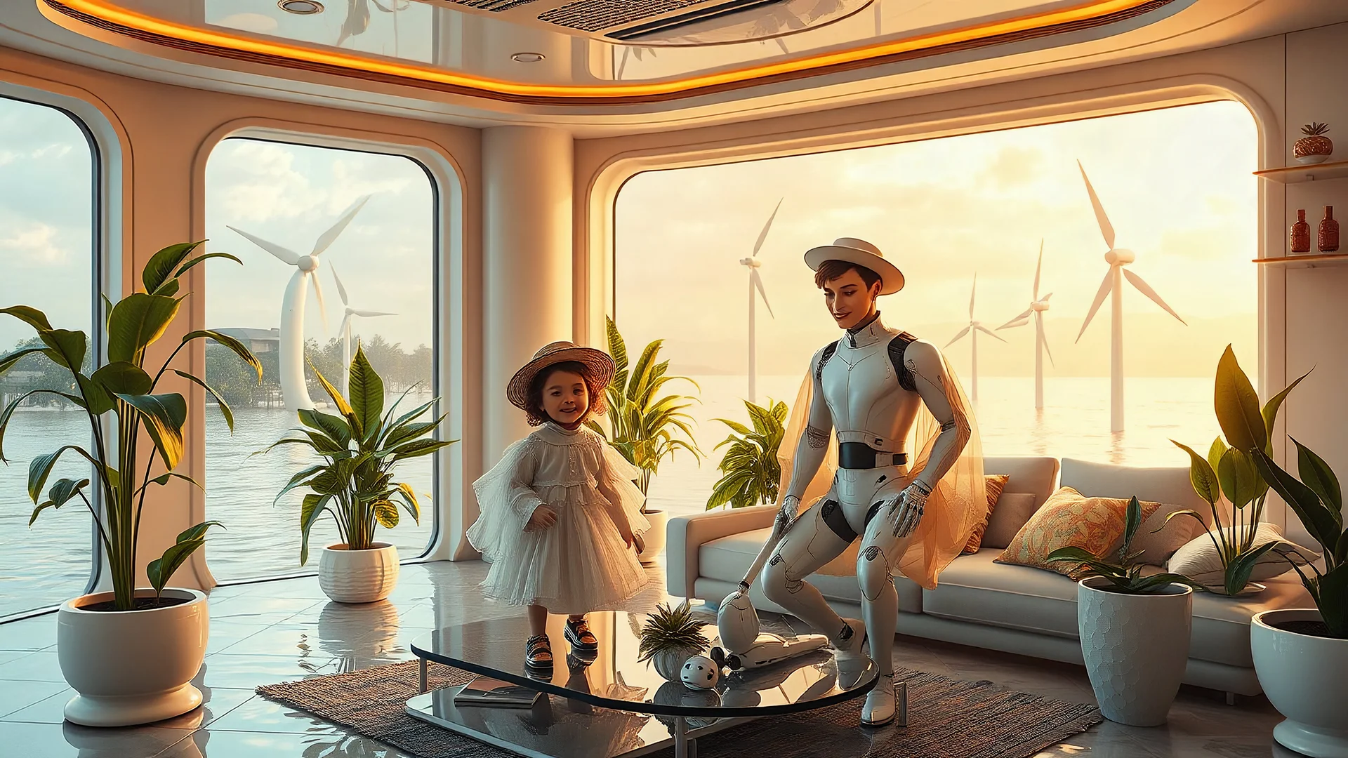 Futuristic family living in a luxurious future home in a hot environment caused by continued global warming and climate change, mitigating technology, sustainable technology, solar power, water turbine, wind turbine, happy children, beautiful voluminous diaphanous clothing for both male and female persons, hats, happy robots, lots of house plants, view outside is badly flooded due to climate change, perfect detail, perfect faces, perfect bodies, high quality render, colour photograph