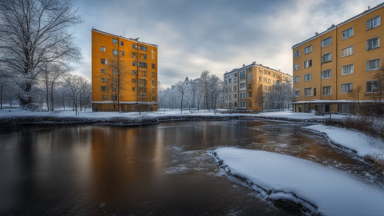 Severodinsk, city suburbs, apartments, snow, beautiful composition, award-winning photograph, astonishing realism