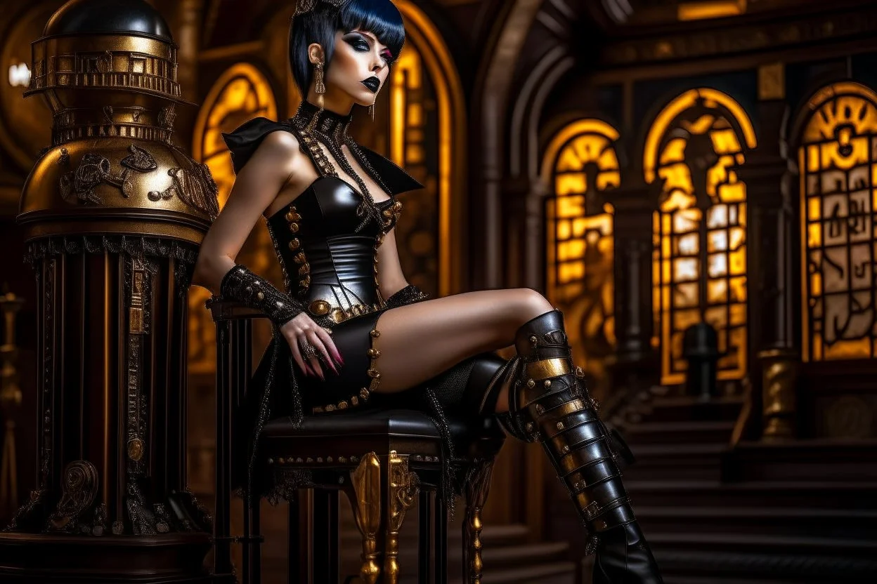 a skinny Cleopatra, with a bob hairstyle, in black boots, standing next to a black gothic seat, in a steampunk setting.