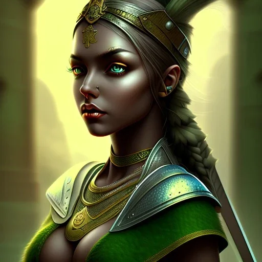 personnage de fantaisie, médiéval fantaisie, maximum détails, féminin, peau sombre, indienne, mèche de cheveux verte