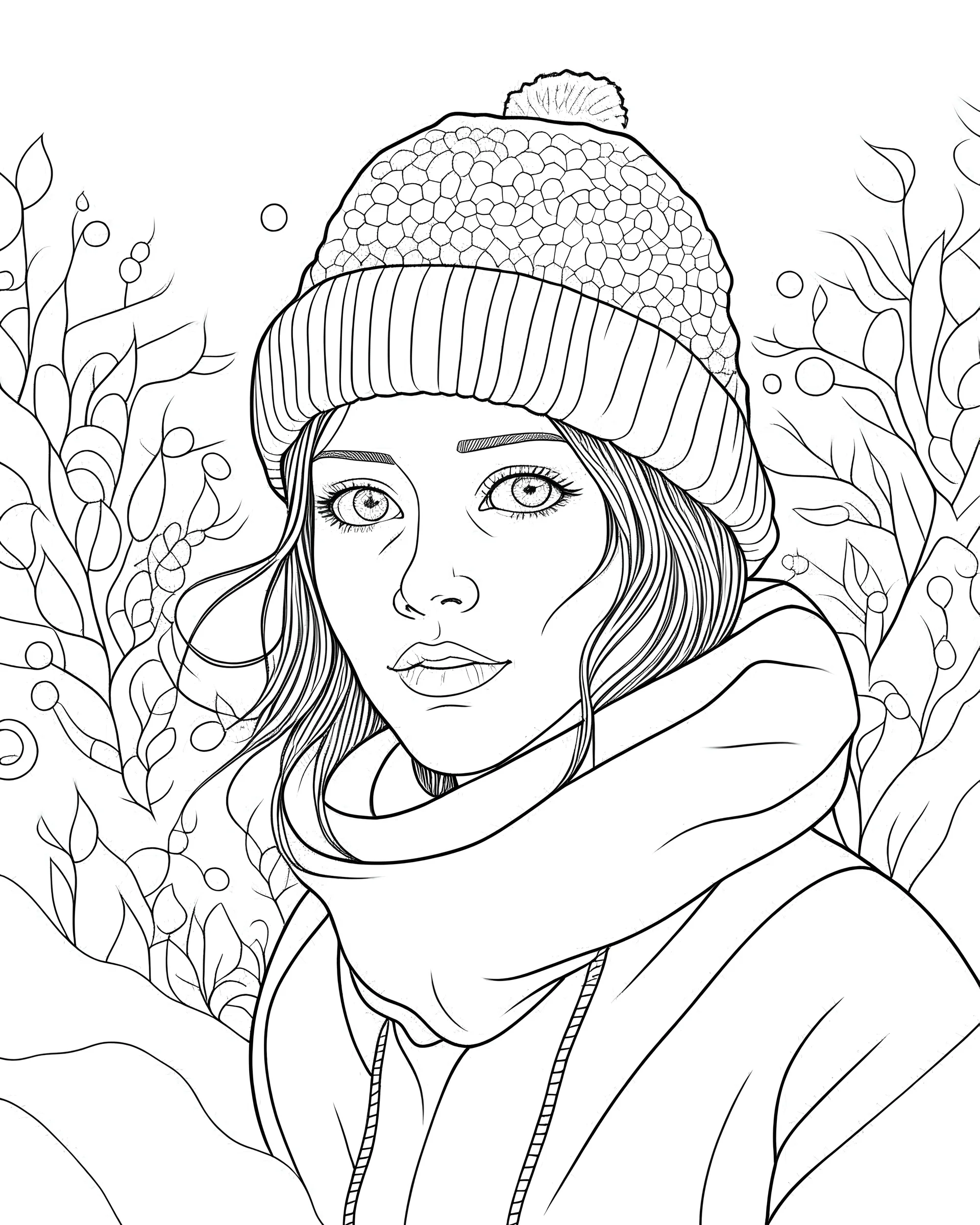 SNOW GARDEN, full view, realistic face, coloring page, only draw lines, coloring book, clean line art, –no sketch, color, –ar 3:4, white background, minimalistic black lines, minimal black color, low level black colors, coloring page, avoid thick black colors, thin black line art, avoid colors, perfect shape, perfect clear lines,