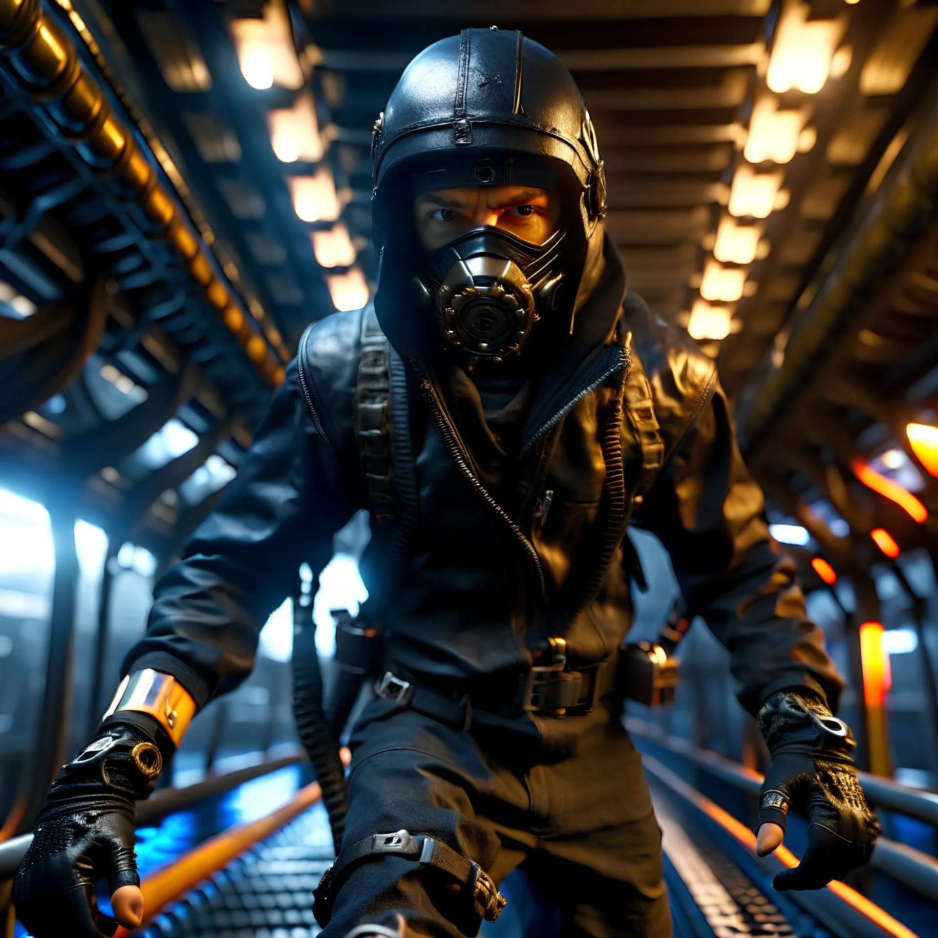 portrait of a ultra ninja with mask off entering under a big air ship, photo-realistic, shot on Hasselblad h6d-400c, zeiss prime lens, bokeh like f/0.8, tilt-shift lens 8k, high detail, smooth render, down-light, unreal engine, downlight, prize winning