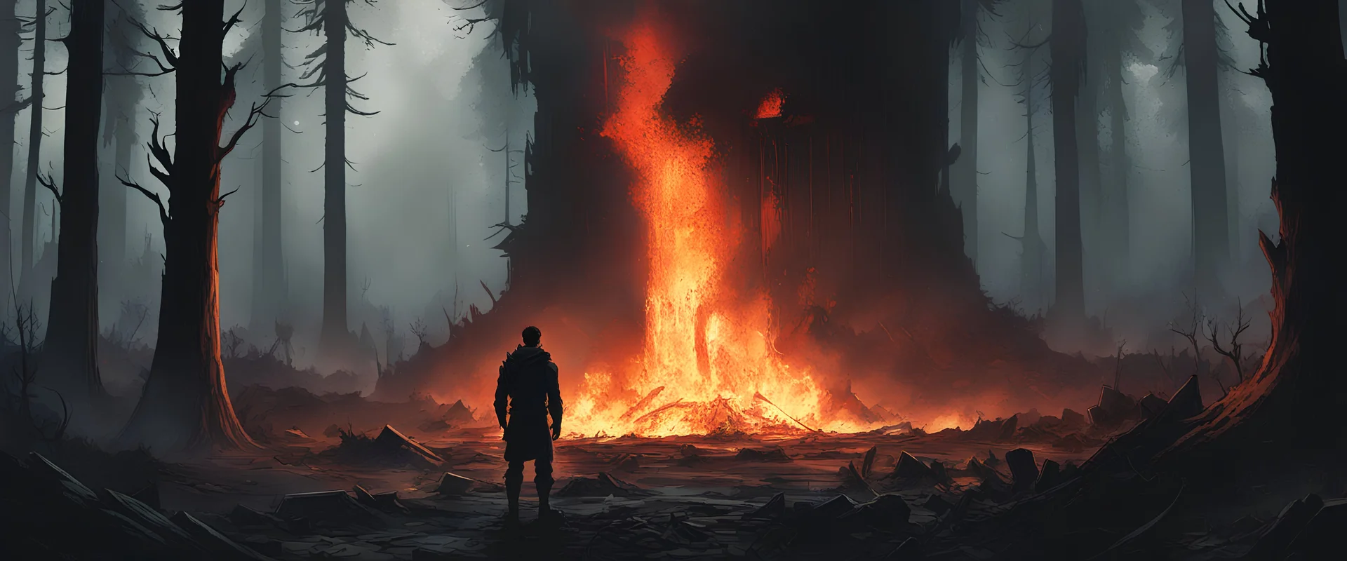 a dark night. father and small child stand hand in hand, watching. the look at the broken, burning remains of an arrow-shaped space dreadnought. it crashlanded in a forest.