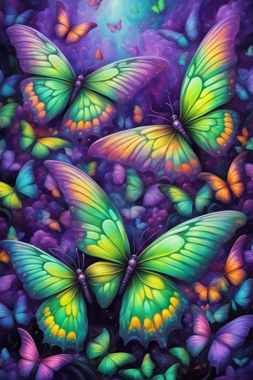 vibrant psychedelic oil painting image, airbrush, 64k, cartoon art image of background purple and green BUTTERFLIES , dystopian