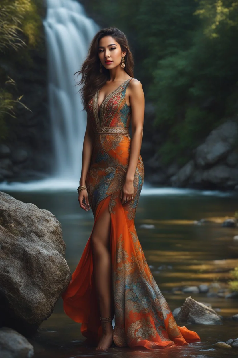 full shot body photo of the most beautiful artwork in the world featuring model, happy mood, High Detail, dramatic, photo realistic, ultra sharp, ultra hd, hyper realistic, ultra realistic, ((((dress)))), trending on artstation, sharp focus, studio photo, intricate details, highly detailed, standing in nice pose in country side with river ,water fall ,rocky valley,mountains at background, pretty clouds