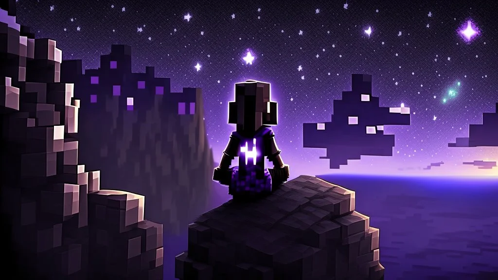 Minecraft Character, minecraft theme, purple starry sky, meditating, facing back, wearing gown, minecraft style, in between two cliffs, sharp edges