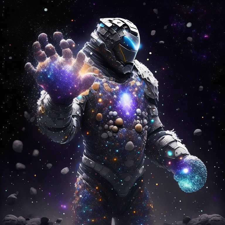 A battle suit made of galaxies and stars with a glove that has seven endless stones