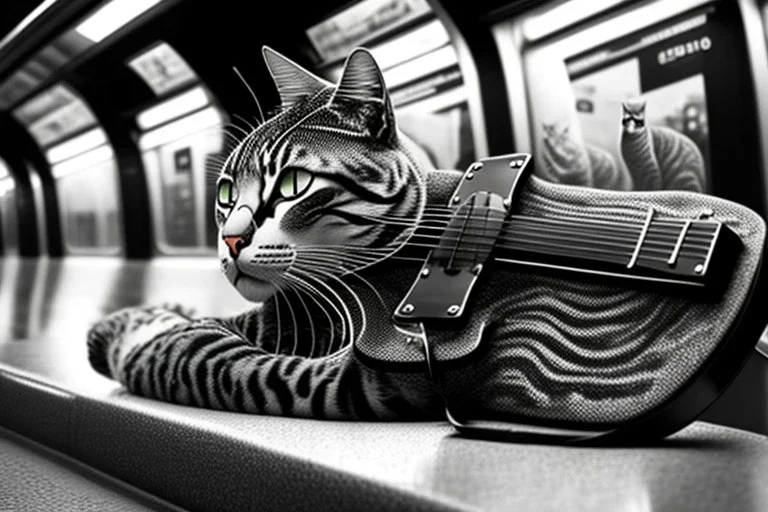 One single mature cat, perfect iris,guitar case, wearing clothes, sitting in the subway, Vienna, friendly, model style, hyper realistic, extremely accurate, delicate, extremely detailed, Graphic novel style, wide-angle, open aperture, superfine pencil