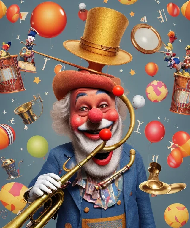 happy and funny old friendly clown with round head and trimmed beard playing jazz with a steampunk theme, trumpet on mouth, paintbrush and aisle, carnival, dreamy