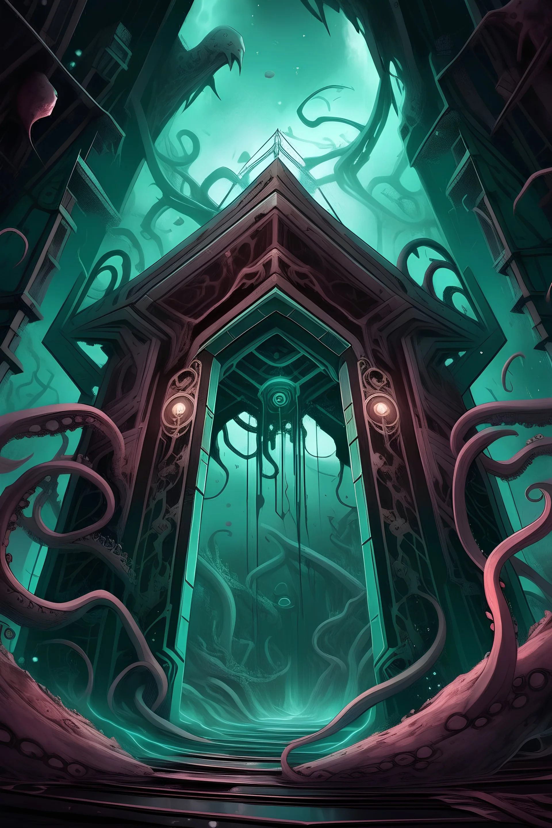 A triangular gate opens in space, tentacles appear through it,flesh horrors invade space