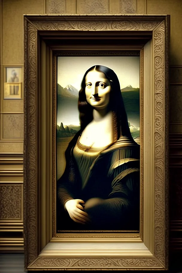 Mona Lisa, stepping out of the picture frame, at the Louvre