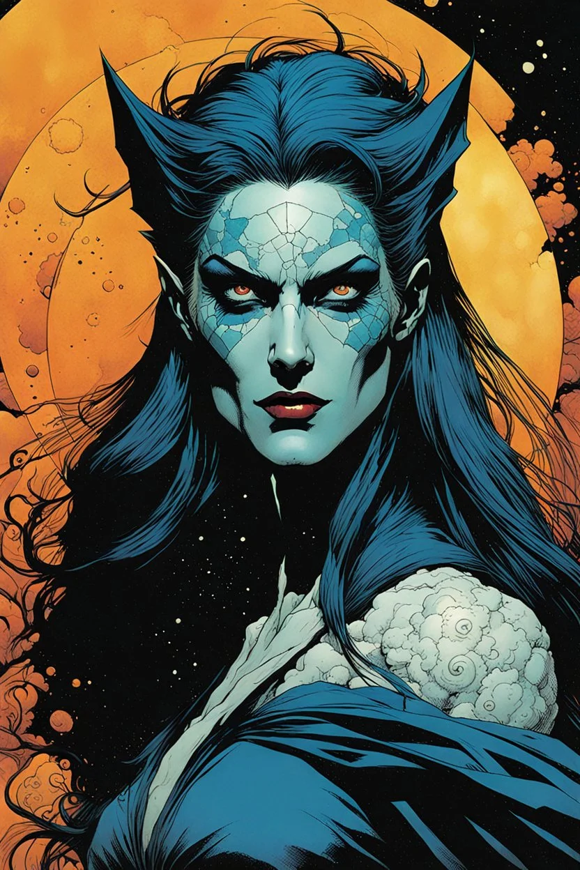 create an arcane, ethereal, otherworldly female Ravnos ancient antediluvian vampire sorceress , in the comic book art style of Mike Mignola, Bill Sienkiewicz, John Romita Jr., Leonardo Romero, Simone D'ARMINI, and Jean Giraud Moebius, with highly detailed feminine facial features , finely penciled and inked , dramatic natural lighting