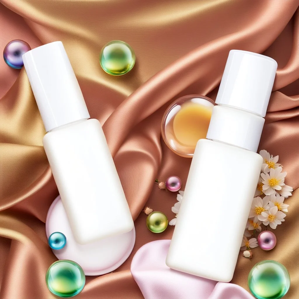 two cosmetics bottles are on a silk fabric, behind a beautiful floral spring floral background, the picture is top view, in the background there are beautiful soap bubbles, molecules and honeycombs, high-quality picture, top view