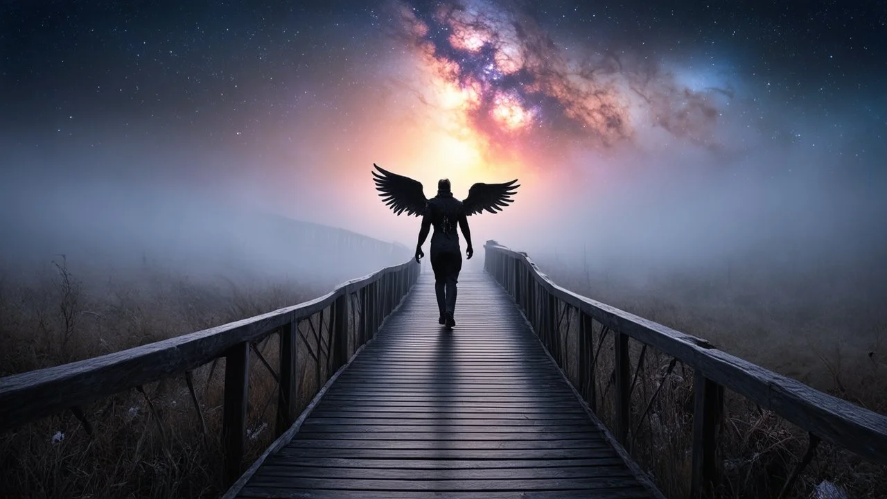 walking straight ahead over a wooden bridge, holding the angel of death with your right hand, entering the fog at the end of the road that leads to the afterlife, and a beautiful sunset and galaxy's behind the fog, realistic