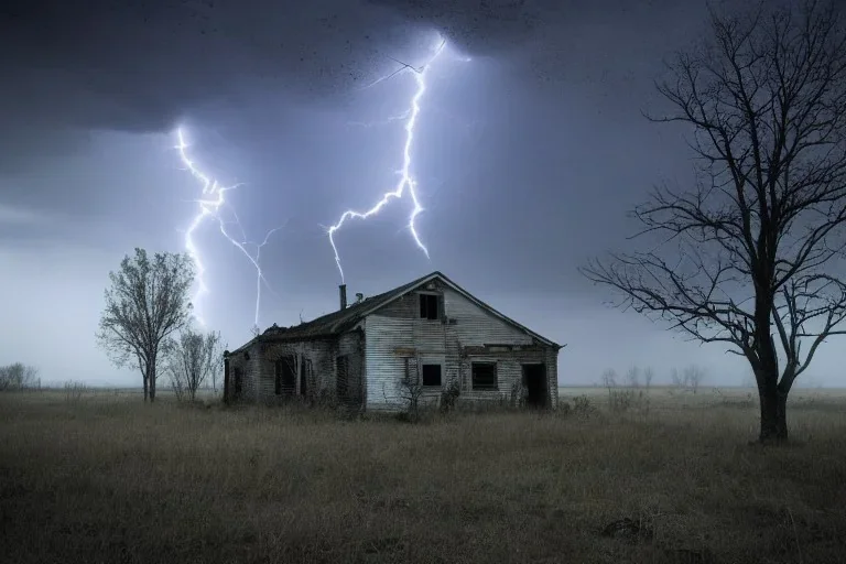 Old farmhouse, wasteland, lightning, ruins, rain, craters, dead trees, biohazard, radiation, dead bodies