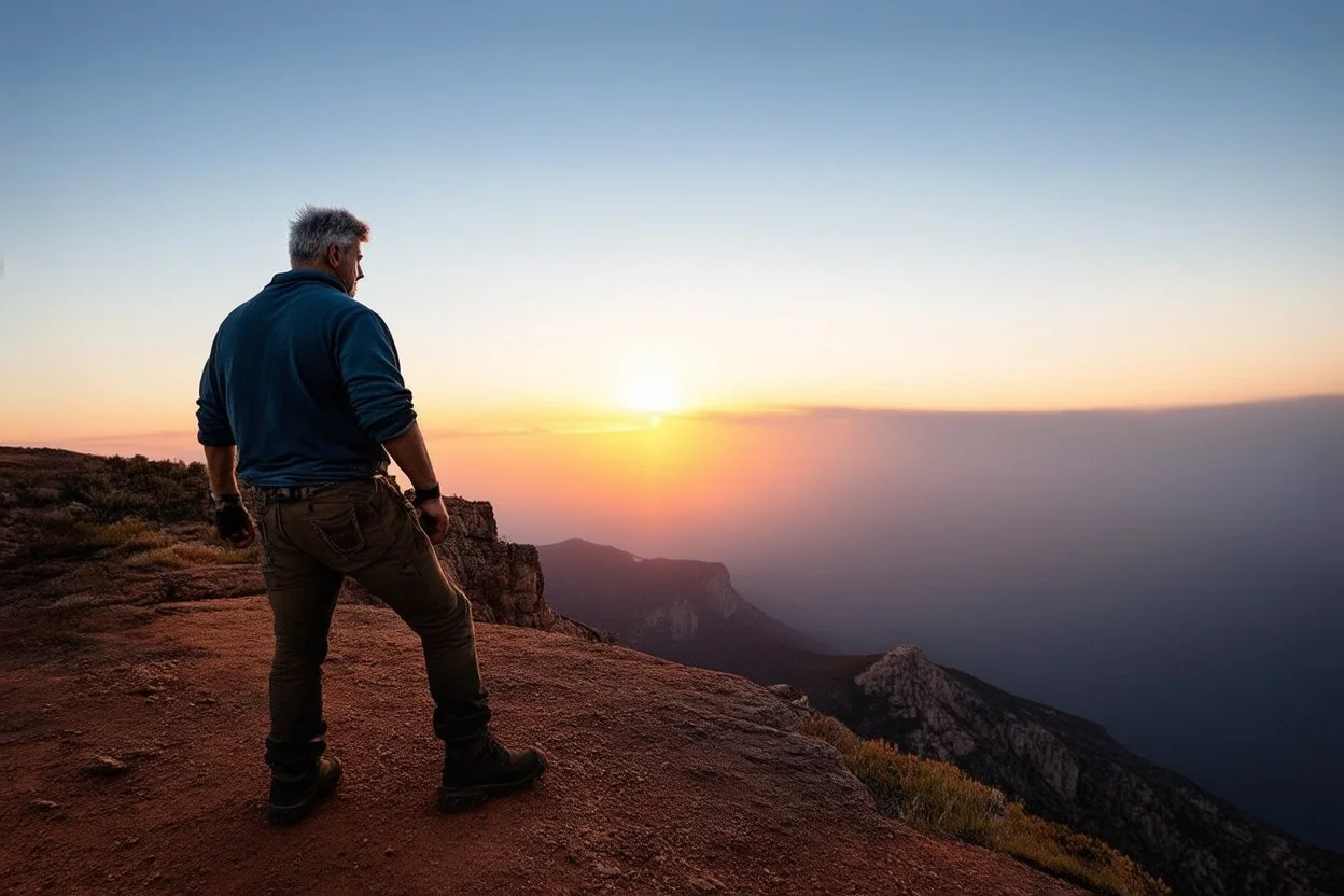 a brawny man with grey hair views sunset from a cliff