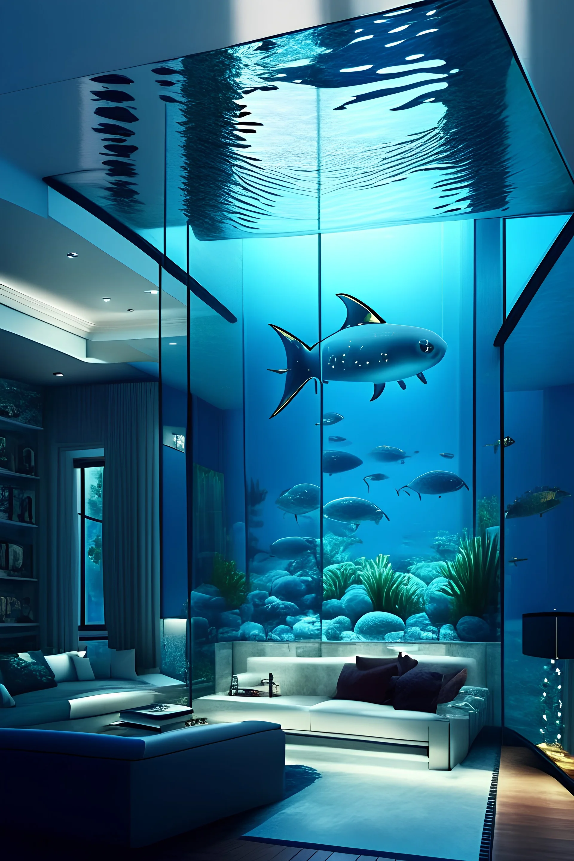 10k hyper realistic detailed luxury modern Underwater waterproof house with glass paneling, living room, lights