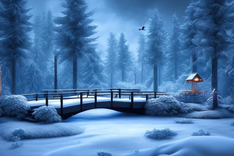 Forest ice palms twigs winter, bridge birds, house, bear, deer, u real engine