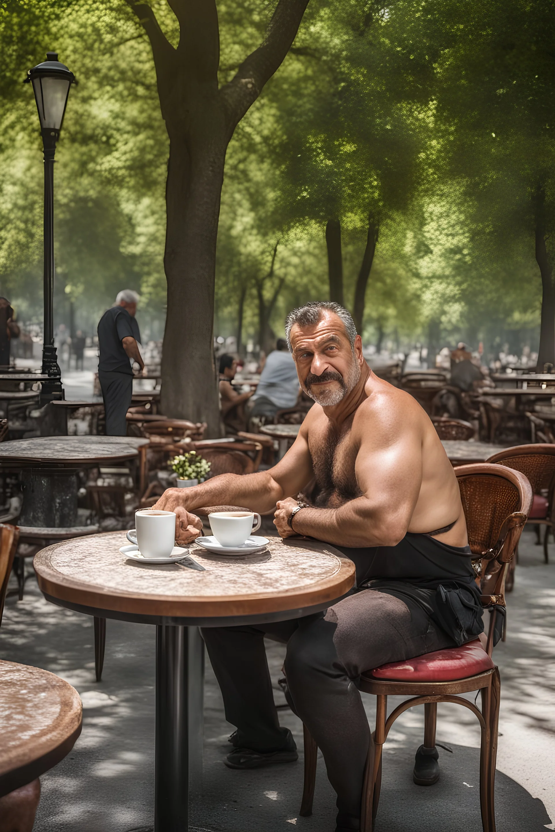 half figure photography of an ugly turkish barman servicing one coffee at the table, burly robust beefy shirtless 45 years old man, in a public park of Istambul , sunny day, sweat, wet, big shoulders, angry eyes, photorealistic