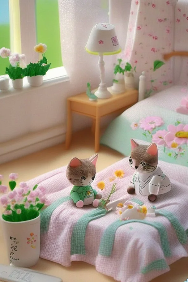 Sylvanian family cat and kitten hospital, hospital furniture, charts on beds, flowers in a vase on a table next to a bed