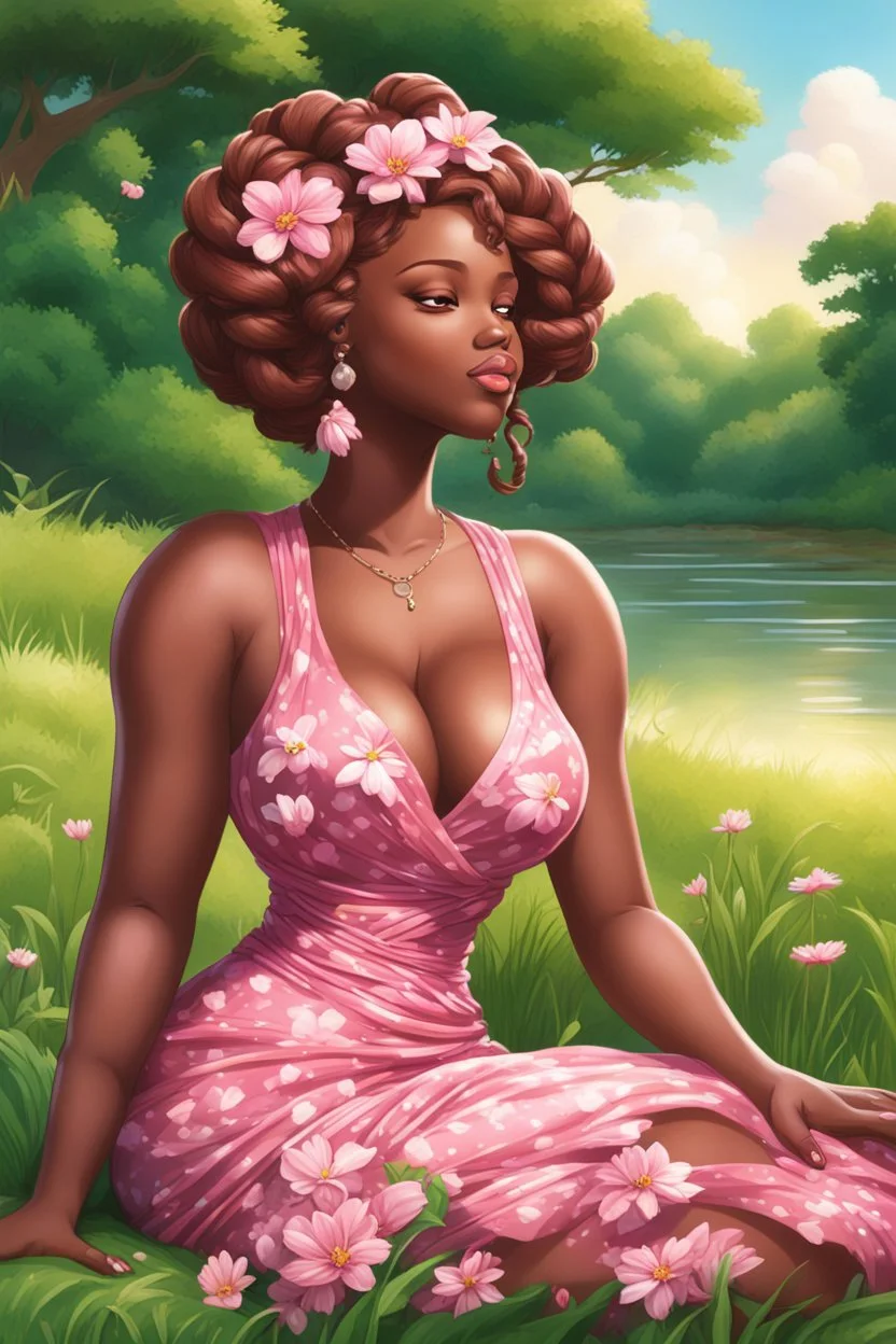 An airbrushed illustration of a curvy black cartoon woman sitting relaxed on a sunny riverbank, lush green grass surrounding her. Facing left in profile, she has flowing chestnut hair styled in an elaborate braided twist. complementing the pink floral maxi dress wrapped snugly around her exaggerated curves. One hand touches her cheek lightly as she looks to the distance, brown eyes enhanced by long lashes and purple eyeshadow. Bold brown lips match the brown flowers on her dress