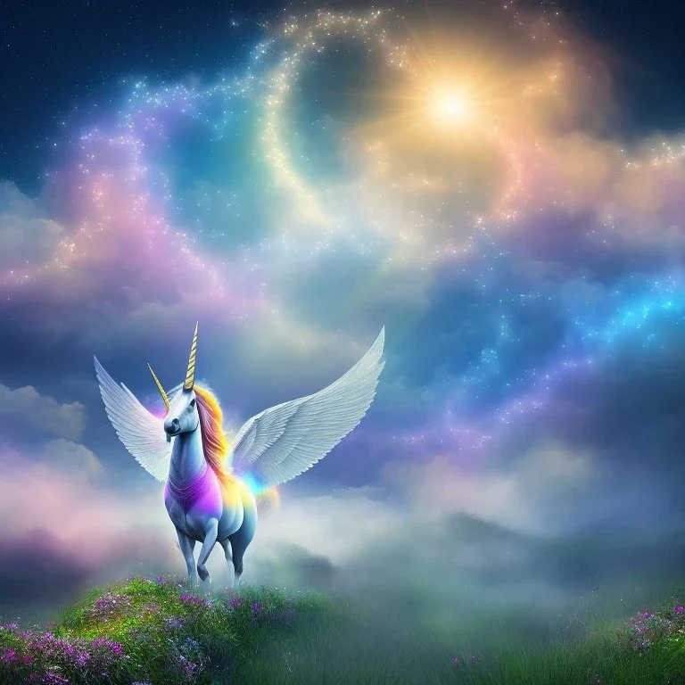  surreal illustration of a unicorn on luminous landscape, realistic, unicorn with glowing wings, glowing soft and smooth wings, shadow, highly detailed, intricate patterns on wings, soft studio lighting, smooth dark blue background 64k