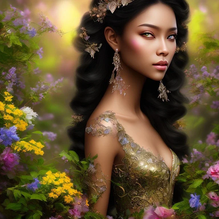 black skin fairy, beautiful portrait, flowery landscape