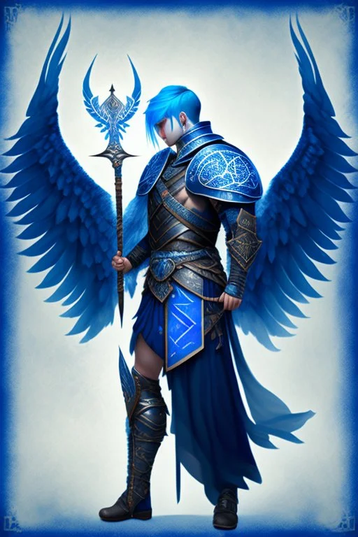 a person in runic armor with blue wings, blue short hair, runic tattoo and spell book, male