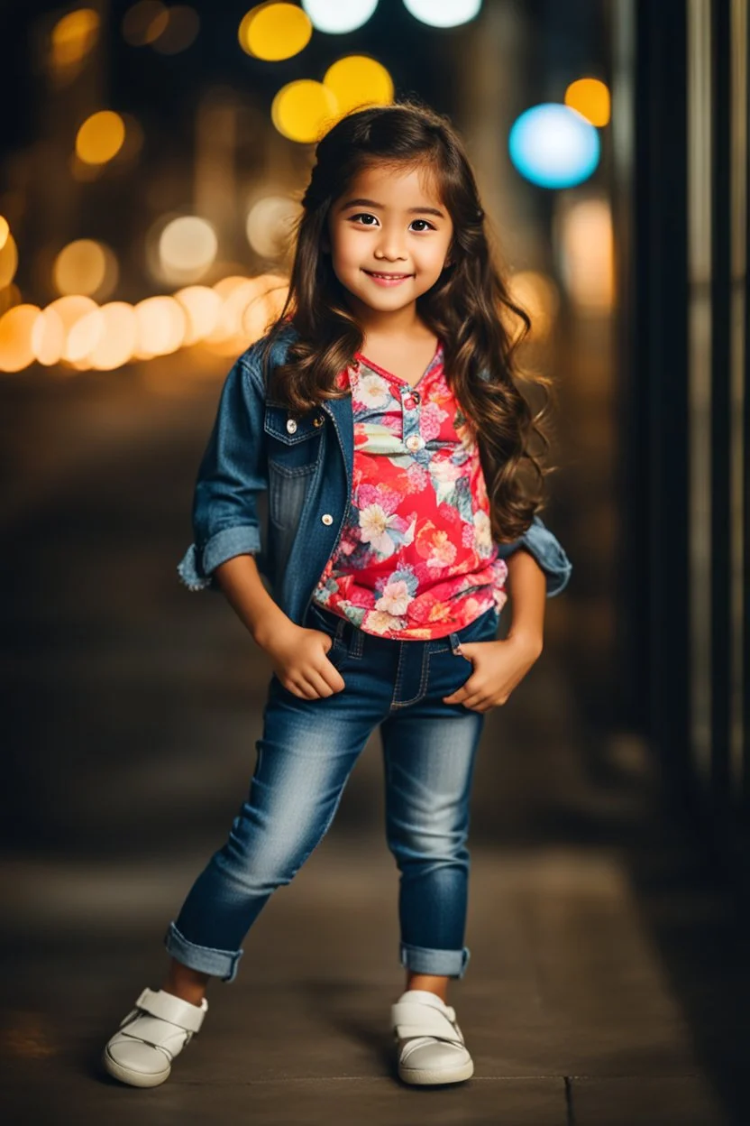 Little 6 years old beautiful girl perfect face,1girl wearing a pretty shirt and jean pant, standing pose,modern city ,night view