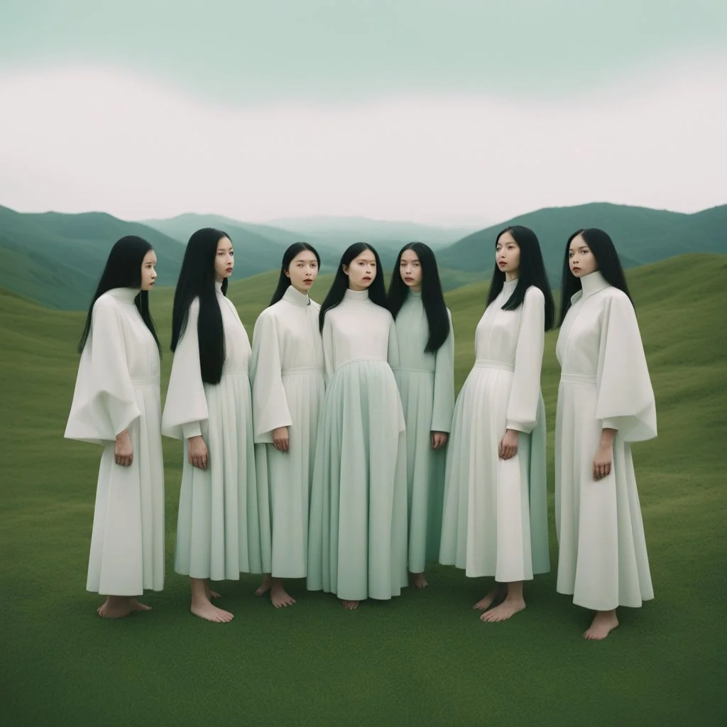 a group of women standing on top of a lush green hillside, inspired by Ren Hang, design milk, long black hair, whites, wanderers traveling from afar, trending on artisation, cloning spell, coat pleats, in twin peaks, submarine, by Helen Thomas Dranga, symetry, round-cropped, noire photo