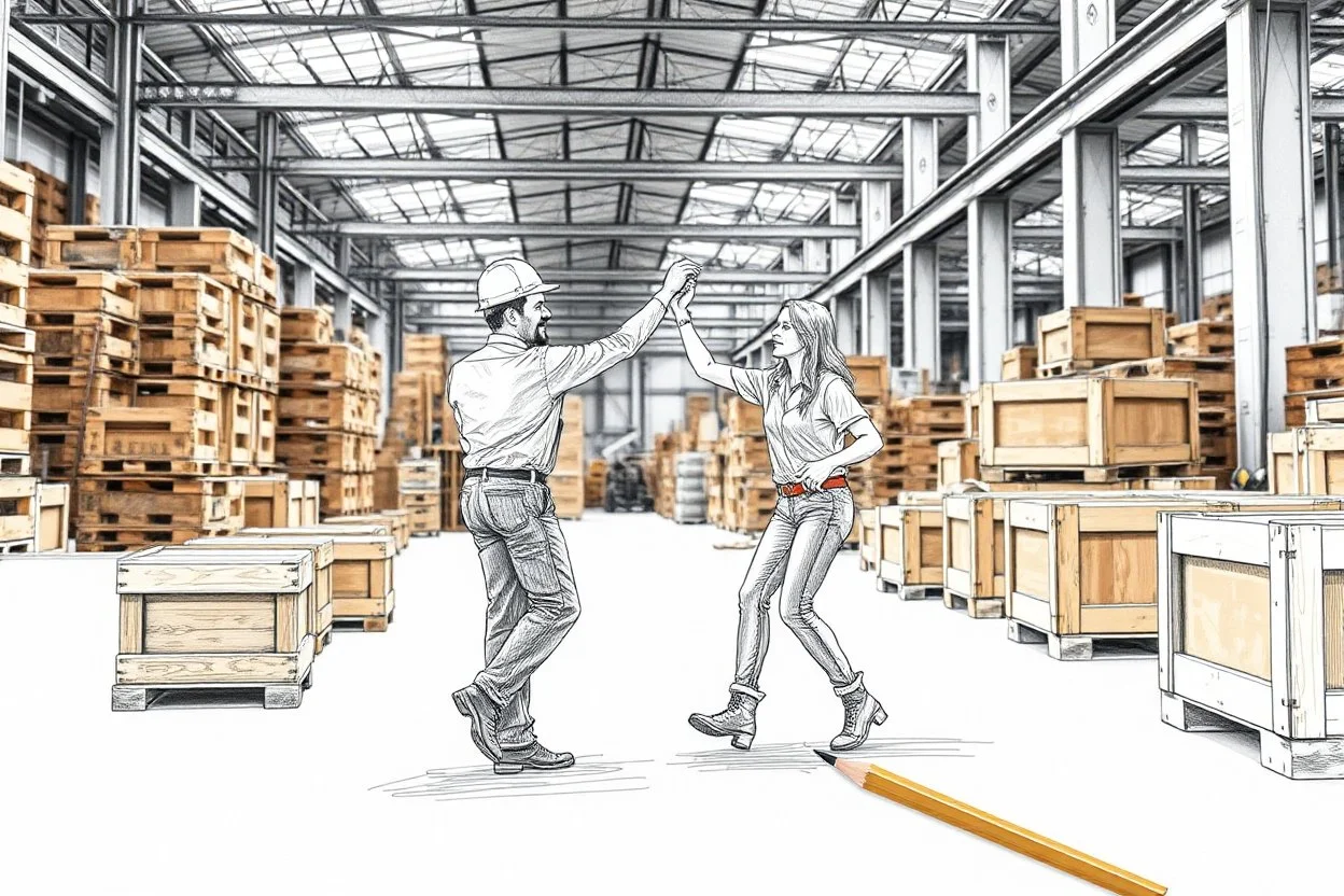 workers dancing in a industry factory with lot of wooden crates , a drawing with sketch lead pencil