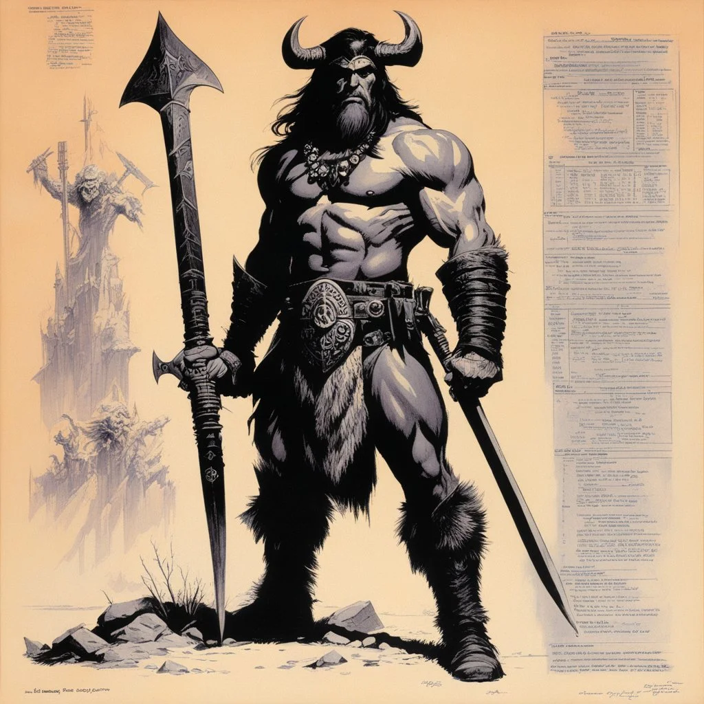 ConceptSheet [by Bruce Pennington]: barbarian and his axe with AD&D statistics