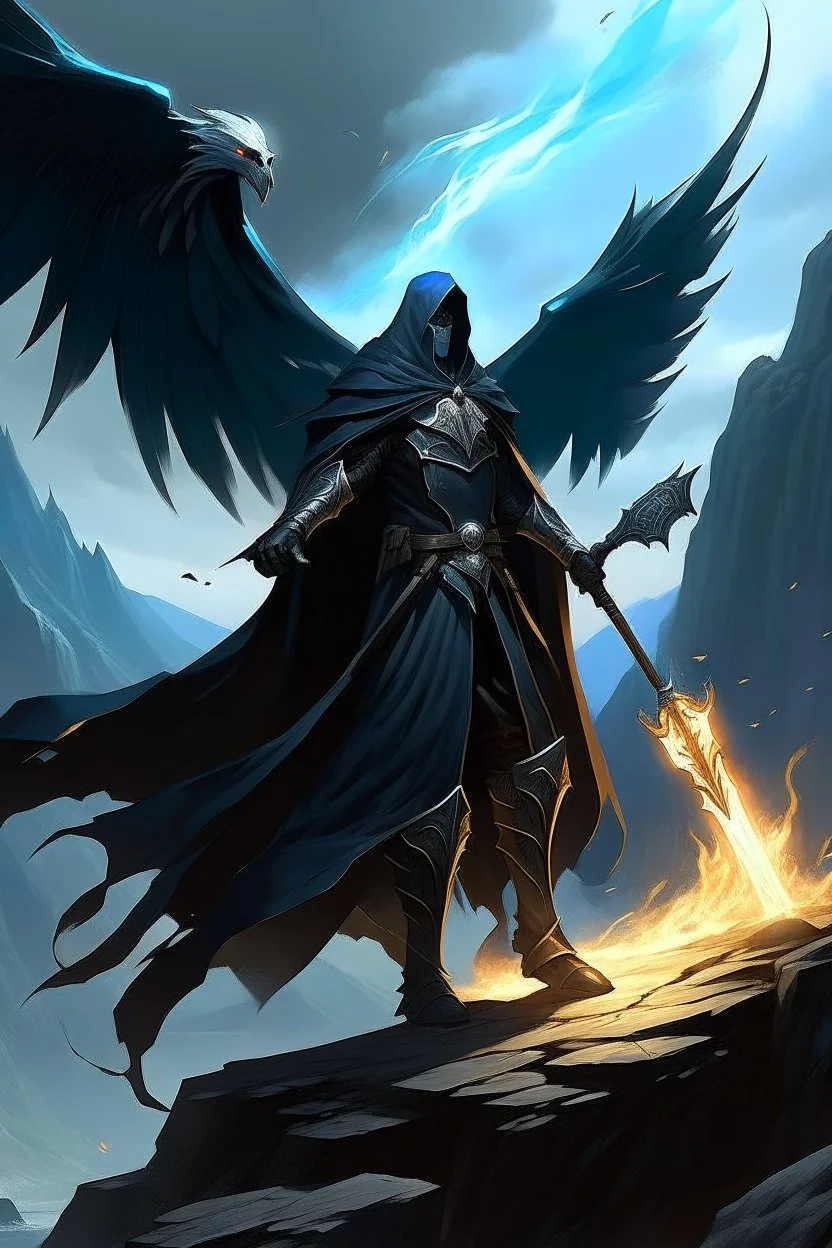 A commander with a black cloak and a long coat with long combat boots and a long spear with his Helmet is golden under his cloak like assasins With a magical power in his hand and a white anklet and boots With blue flame eyes,It has two black wings on its back,Standing on top of a rock