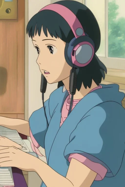 lo-fi girl studying, wearing headphones