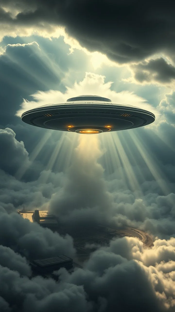 A ufo hovering above a military camp hovering above swirling clouds, emerges from the heart of a raging storm. Turbulent winds of steam swirl around the iconic structure, lit by shafts of sunlight that cast dramatic shadows on the A large UFO spacecraft hovering over the nuclear submasurrounding clouds.