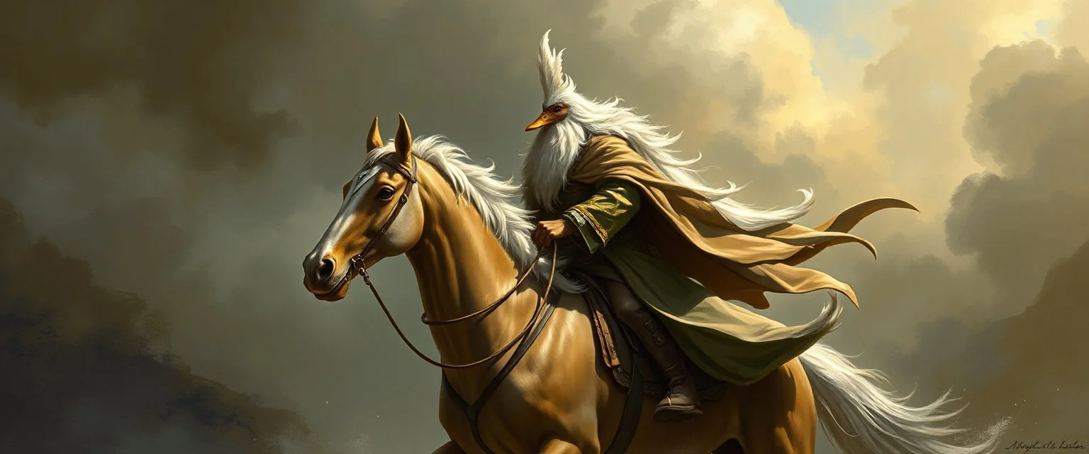 duck gandalf on horse looks beyond really powerful, fantasy illustration