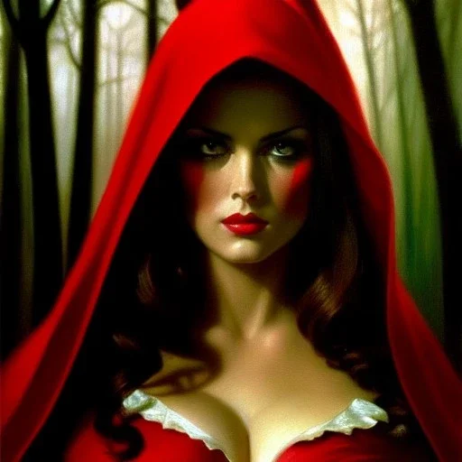 portrait of beautiful busty Red Riding Hood painting by Brom, oil on canvas, cinematic composition, extreme detail,cinematic composition,fit full head inside picture