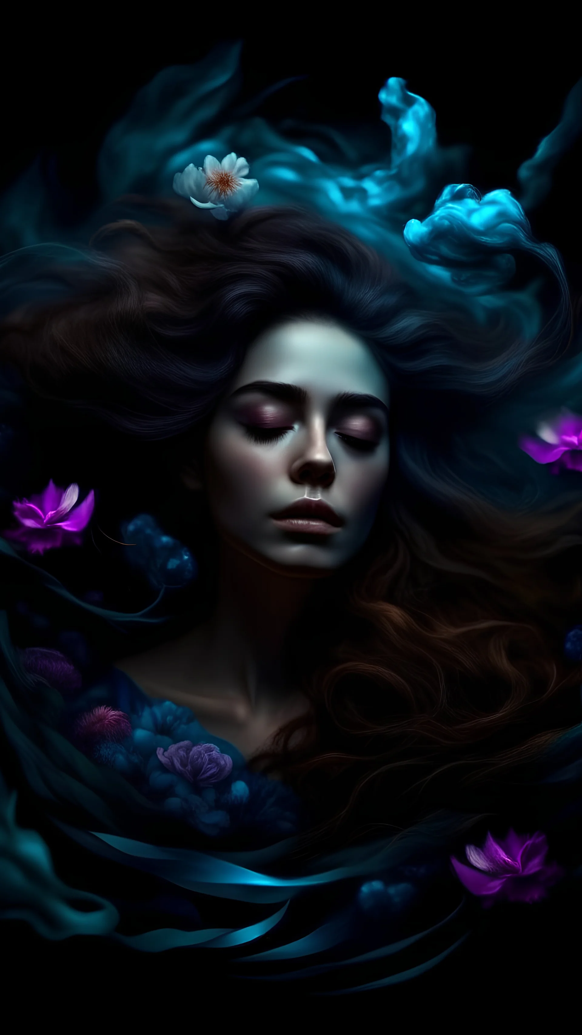A portrait of a woman floating in a dark void, eyes closed painterly style, masterpiece dark colors with bioluminescent highlights. Floating wavy hair, Elegant botany and flowers. Smoke fractals, hauntingly beautiful