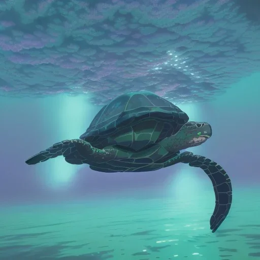 Turtle deep water lights night, unreal 5, octane render, cinema4d, redshift render, hyper realistic, cenematic, vibrancy, synthwave, retouch, centered, dynamic lighting, dramatic lighting, 4k, highly detailed, attractive beautiful, realistic, virtual reality, epic composition, holographic,