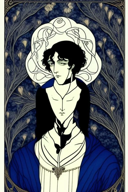 young black haired blue eyed wizard in the style of aubrey beardsley