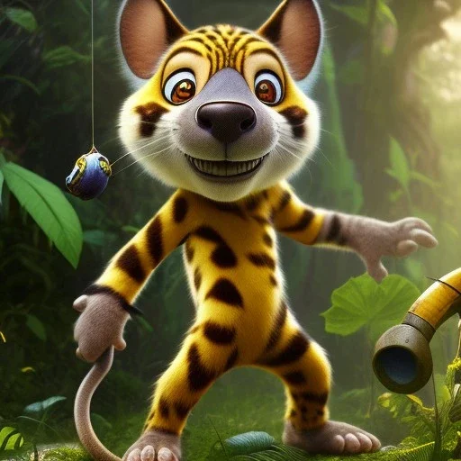 Marsupilami comic figure , photorealistic picture, unreal engine 5, lifelike, high detail intricate, jungle background, realistic proportions