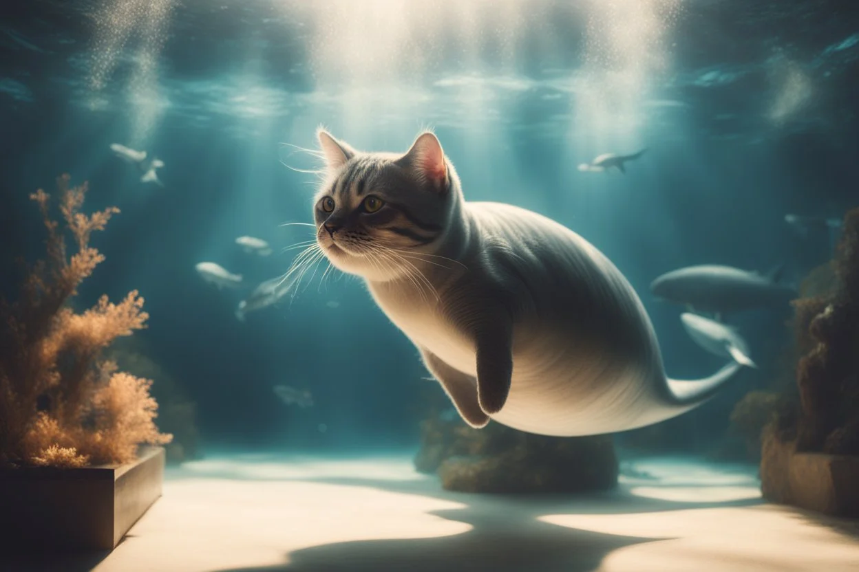 dinamycally swimming antropomorph cat whale in an aquarium in sunshine, ethereal, cinematic postprocessing