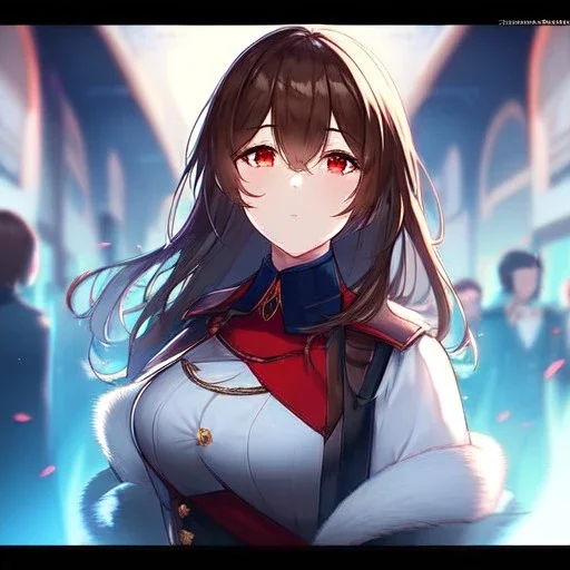 Clear Focus, High resolution, glowing red eyes, wearing a train conductor uniform, long dark brown hair, front hair is straight but the rest is fluffy