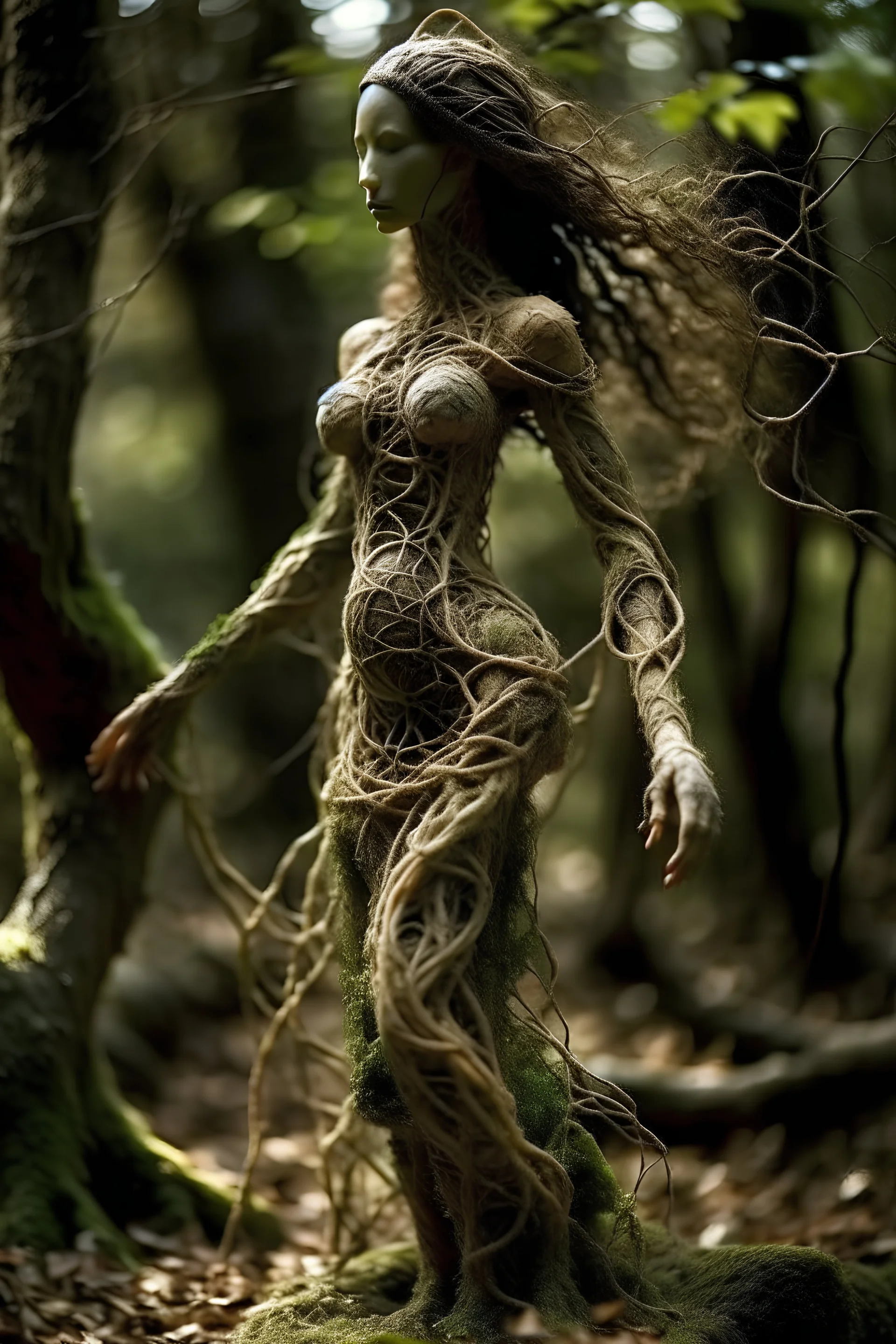 Deep in the heart of an ancient woodland, where nature's tendrils guard their most secret mysteries, a wondrous transformation has taken place. A female figure has been born from the symbiosis with a vast underground fungal mycelium - an organic sculpture woven from millions of tiny spores and delicate fungal threads. Her central body consists of a dense lattice of thread-like hyphae, intertwining to form a slender, graceful silhouette. The fine threads enwrap her torso and limbs in a hypnotic