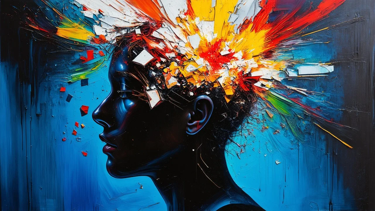 Abstract painting, Head exploding, disintegration into pieces, headache, HD photography, explosion of thoughts