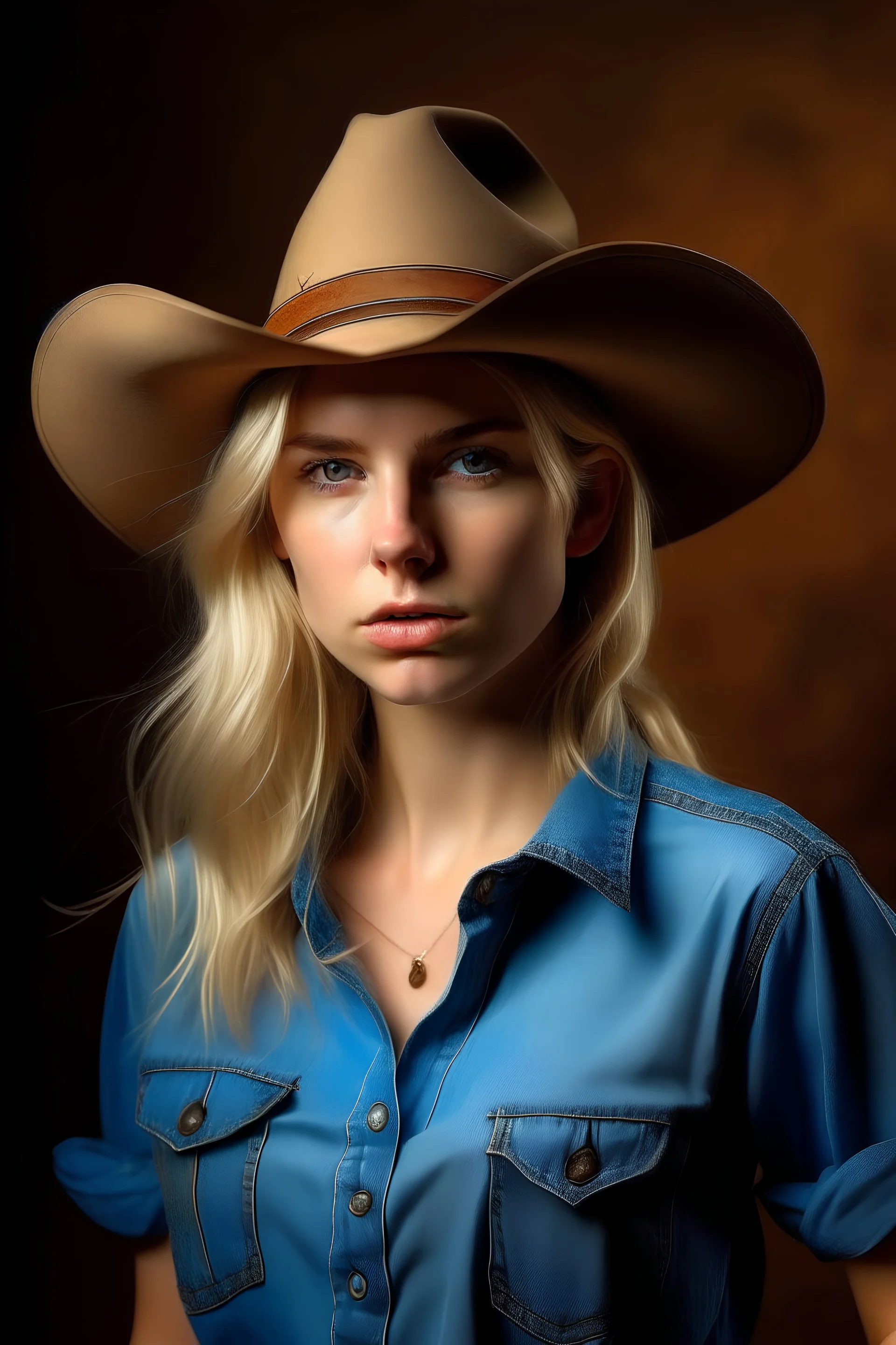 **Beautiful model facing the camera to be able to see the blank t-shirt, a remake of a Guess Jeans ad. Vintage color, Vouluptious and flirtatious blonde female with full pouty lips, close-up wearing a blank t-shirt, cowboy hat, jean shorts and cowboy boots. A bohemian attitude. --ar 9:12 --v 5.2** - Image #3 <@1075242296649469982>