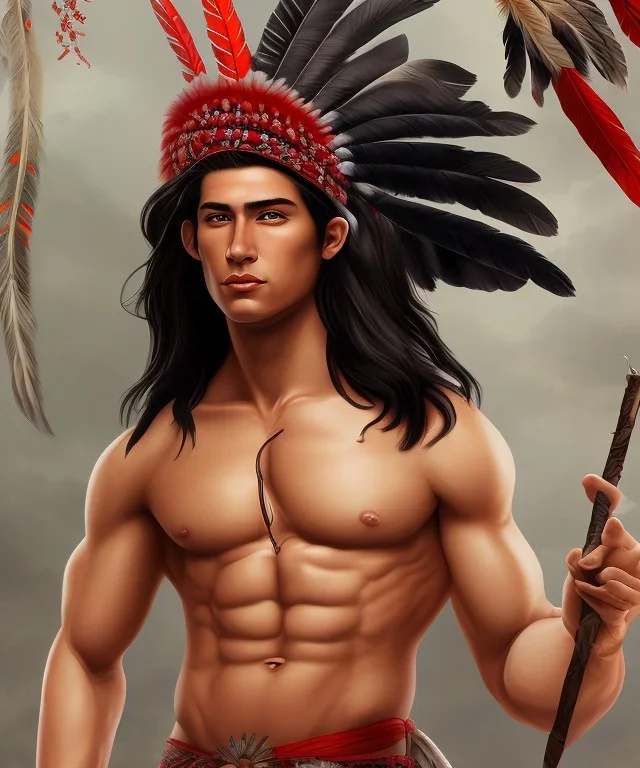 Guaicaipuro, native american god warrior, long black hair, big muscles, red feathers headdress, shirtless, holding a stone tip spear