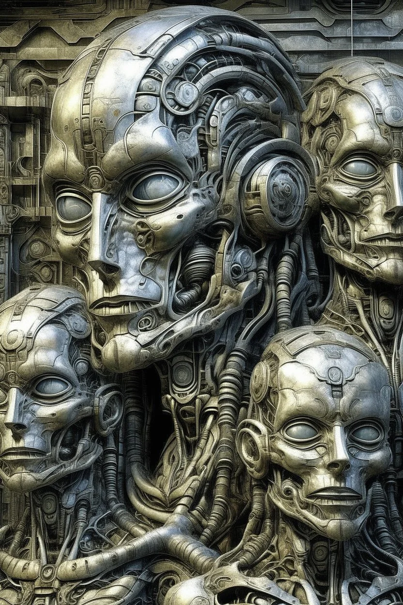 sculpture of a robot , child , young and old Multiple faces . decayed and rotting with grotesque proportions and imagery. abstract grotesqueries, detailed texture, surreal horror, biomechanical design, by hr giger and beksinski